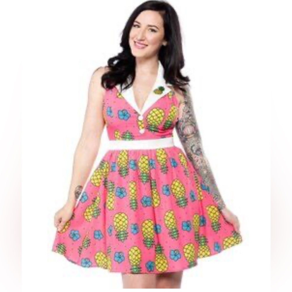 Sourpuss Pina Colada sleeveless  pink button down dress size S